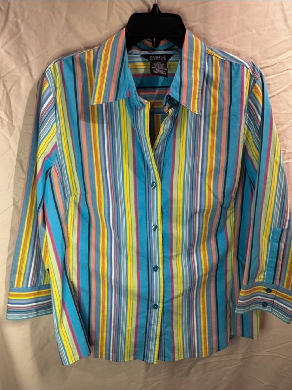 George Multi-Stripe Button-Down Shirt in Blue, Yellow, Orange and Pink
